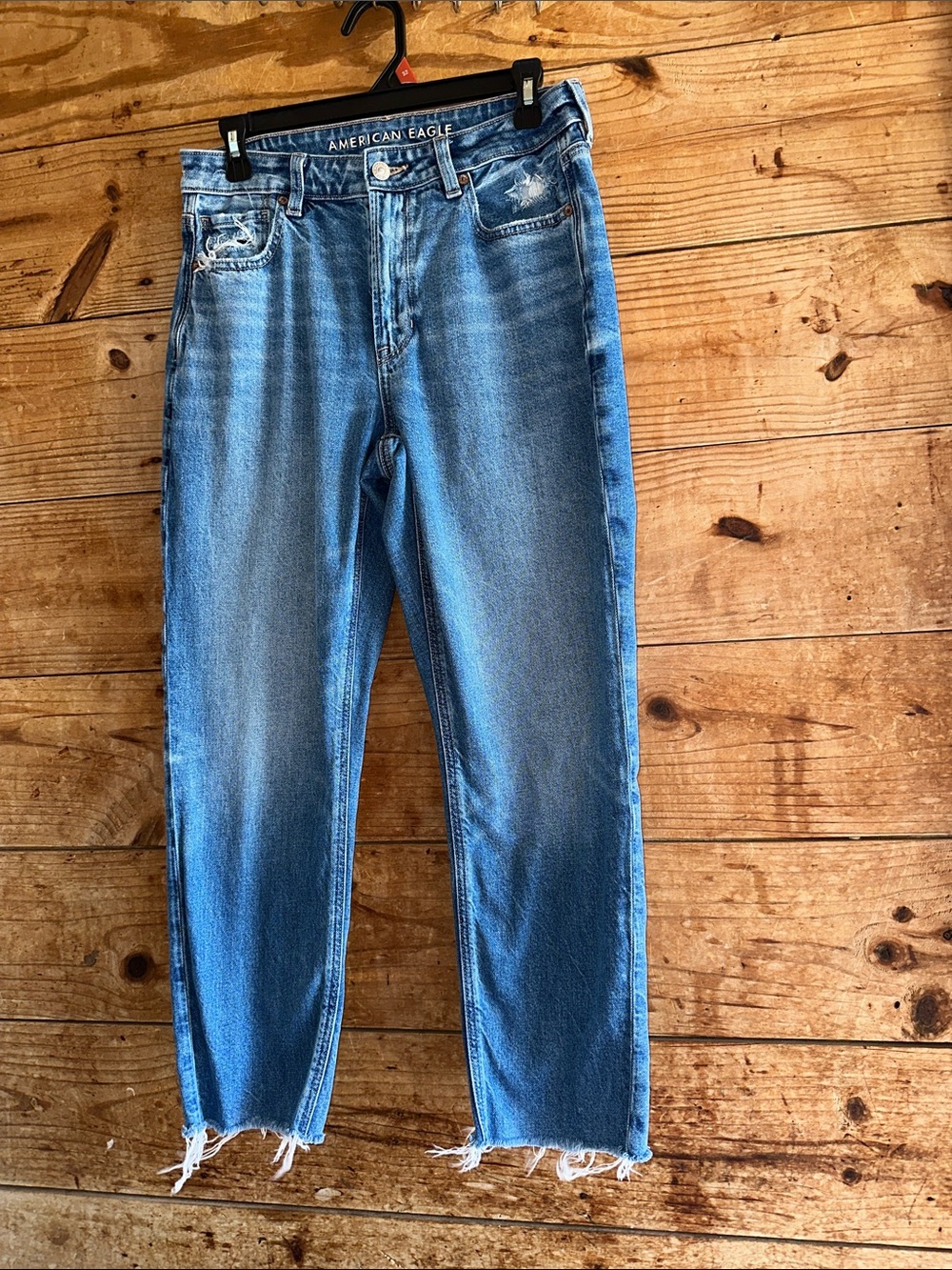 American Eagle Outfitters Mom Jean Medium Blue Slim Straight Jeans with Raw Hem